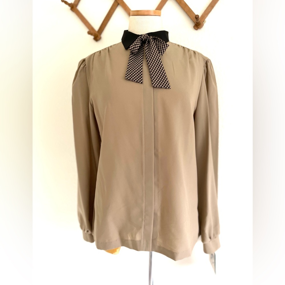 Vintage Silky Taupe Blouse with Houndstooth Bow Tie Ship ‘n Shore 1970s